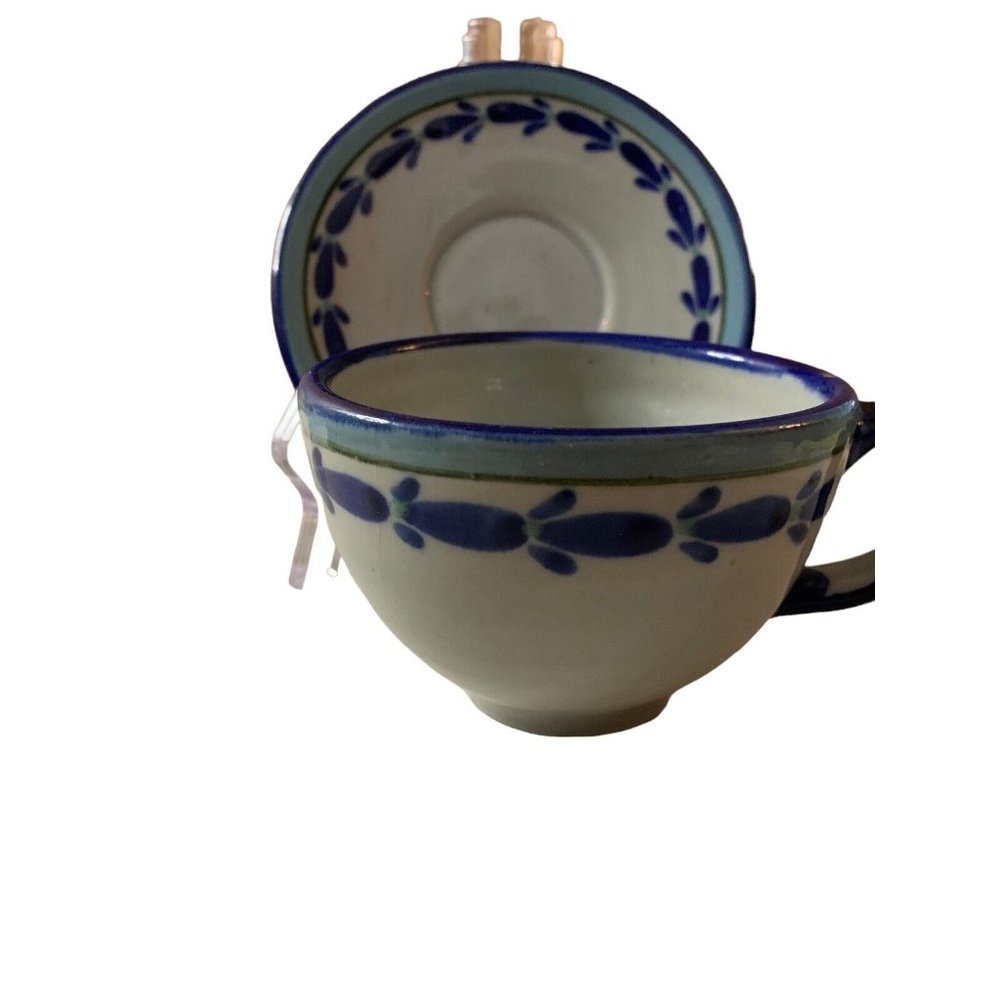 KEN EDWARDS HAND PAINTED MEXICAN STONEWARE/POTTERY CUP & SAUCER  Blue READ